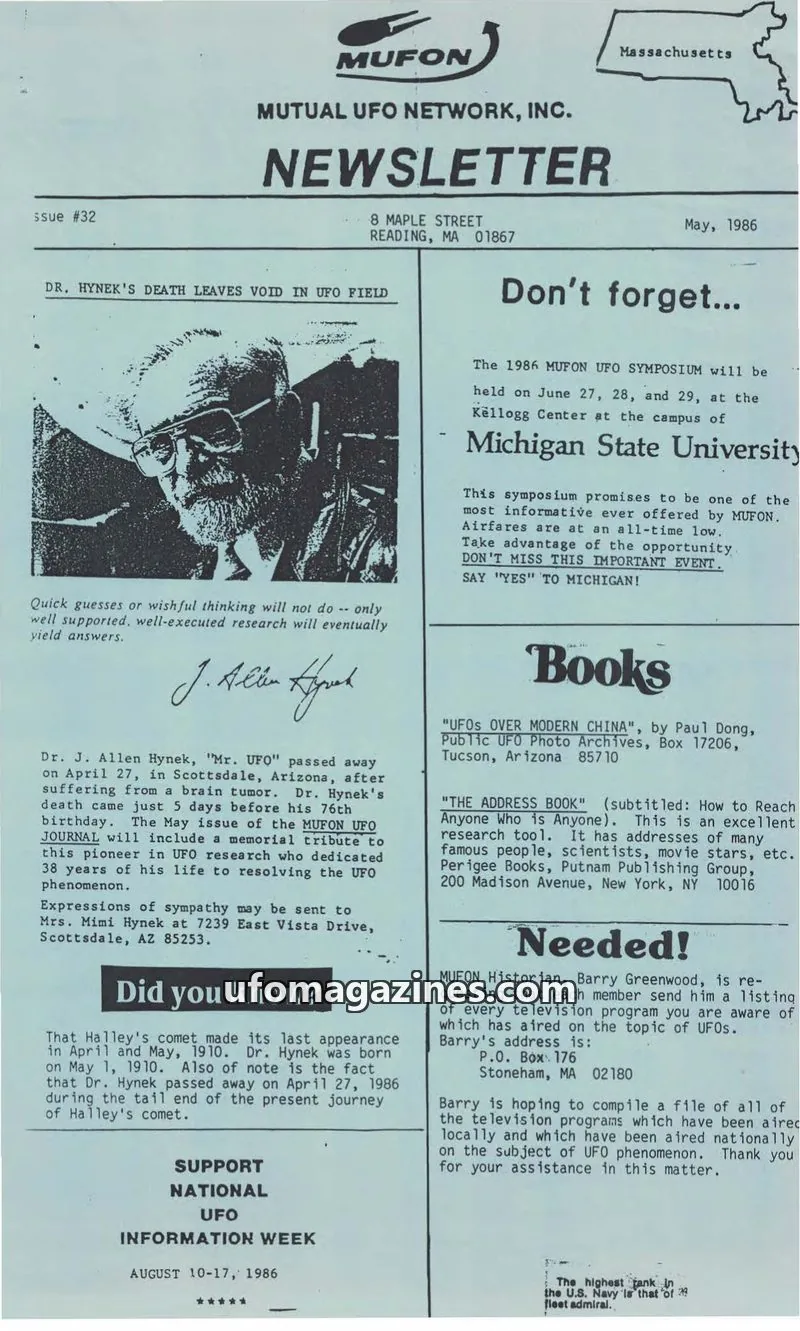 Cover of MUTUAL UFO NETWORK, INC. issue #32: MUFON NEWSLETTER
