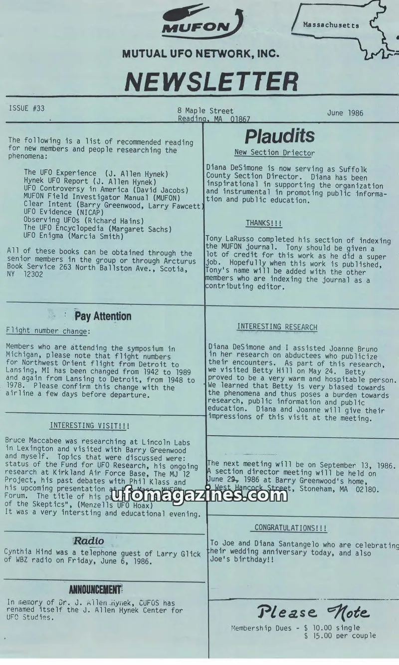 Cover of MUTUAL UFO NETWORK, INC. issue #33: MUFON NEWSLETTER