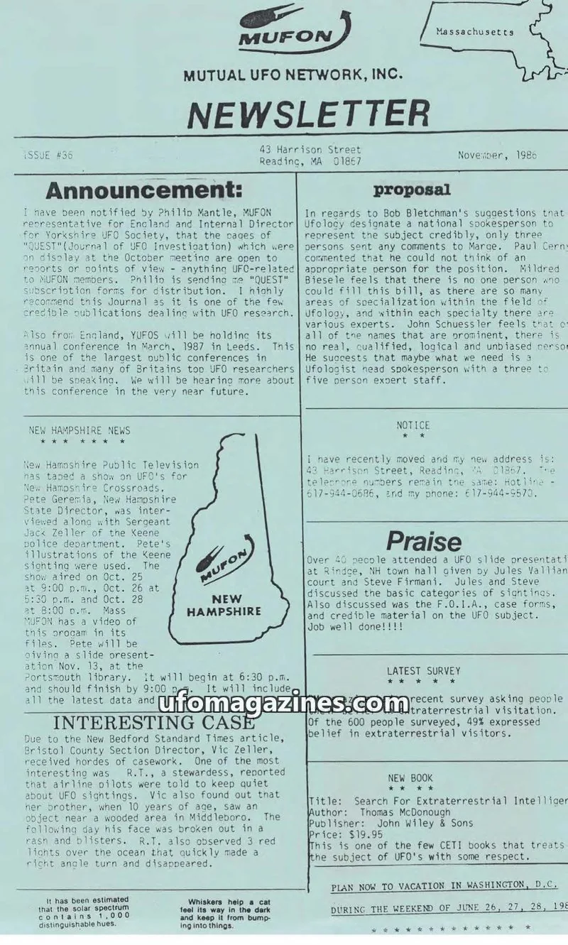 Cover of MUTUAL UFO NETWORK, INC. issue #36: MUFON NEWSLETTER