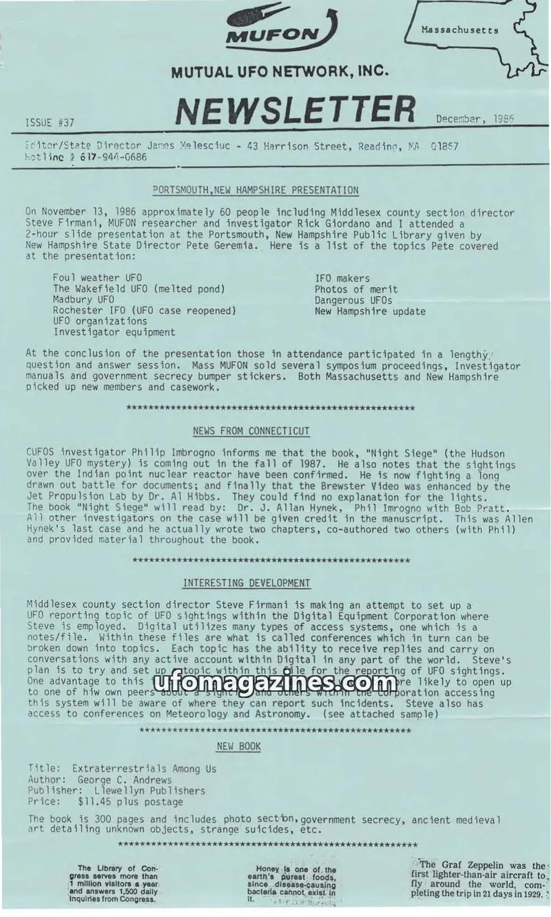 Cover of MUTUAL UFO NETWORK, INC. issue #37: MUFON NEWSLETTER