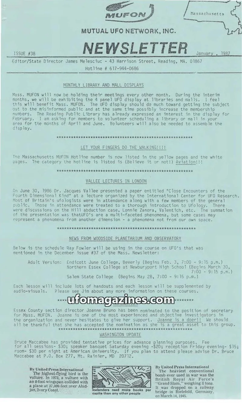 Cover of MUTUAL UFO NETWORK, INC. issue #38: MUFON NEWSLETTER