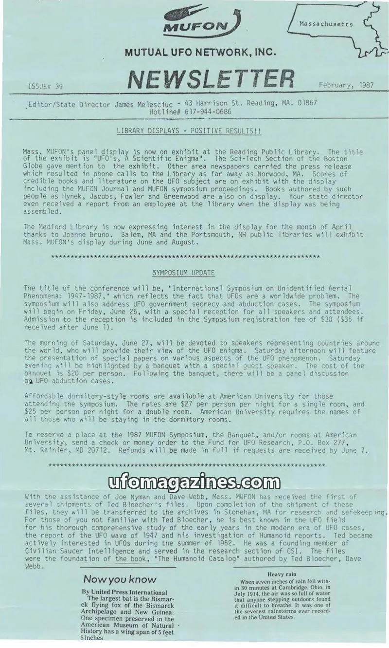 Cover of MUTUAL UFO NETWORK, INC. issue 39: MUFON NEWSLETTER