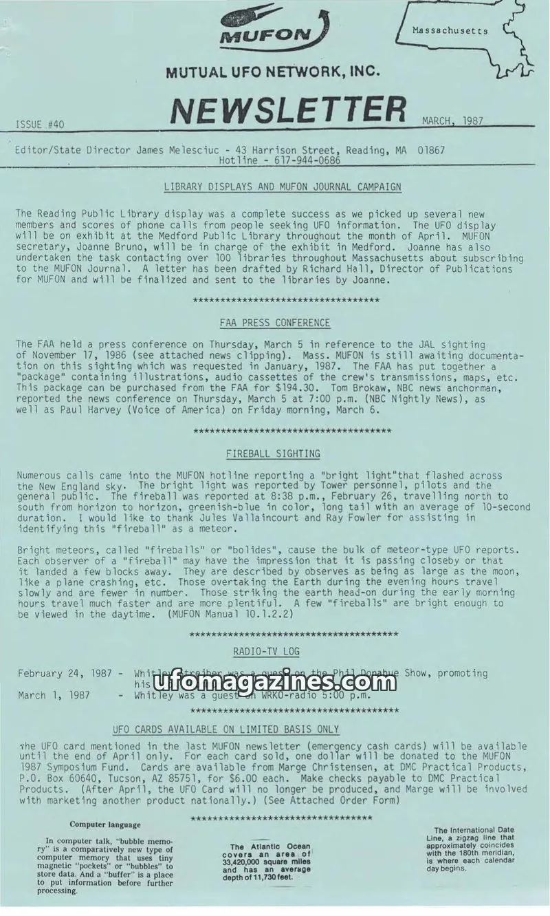 Cover of MUTUAL UFO NETWORK, INC. issue #40: MUFON NEWSLETTER