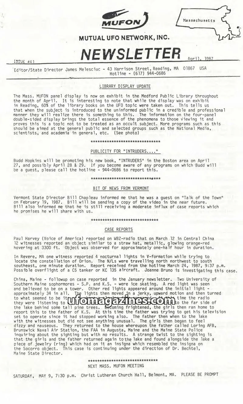 Cover of MUTUAL UFO NETWORK, INC. issue #41: MUFON NEWSLETTER