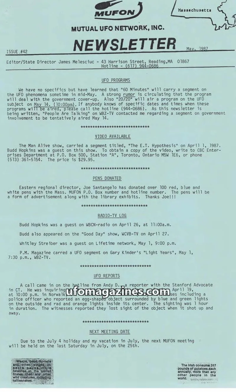 Cover of MUTUAL UFO NETWORK, INC. issue #42: MUFON NEWSLETTER