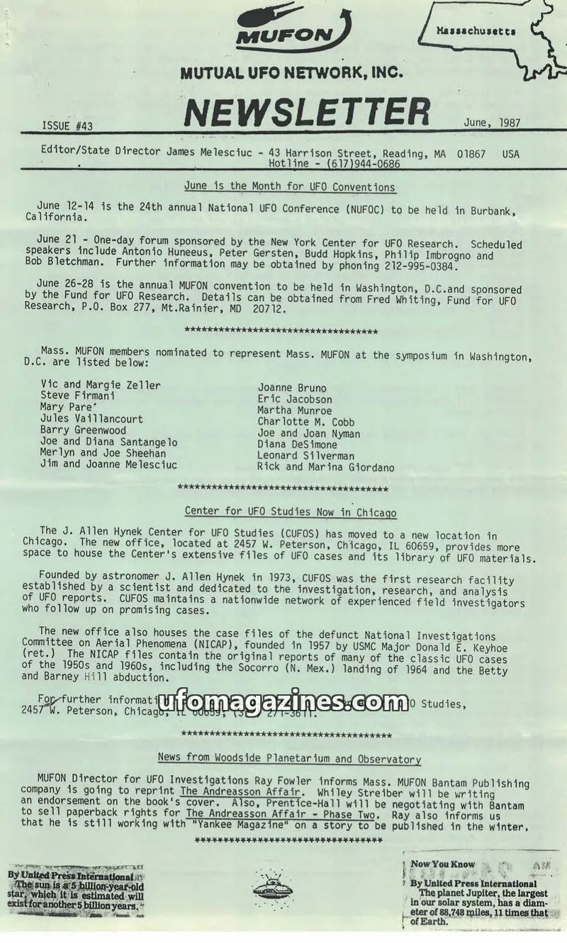 Cover of MUTUAL UFO NETWORK, INC. issue #43: MUFON NEWSLETTER