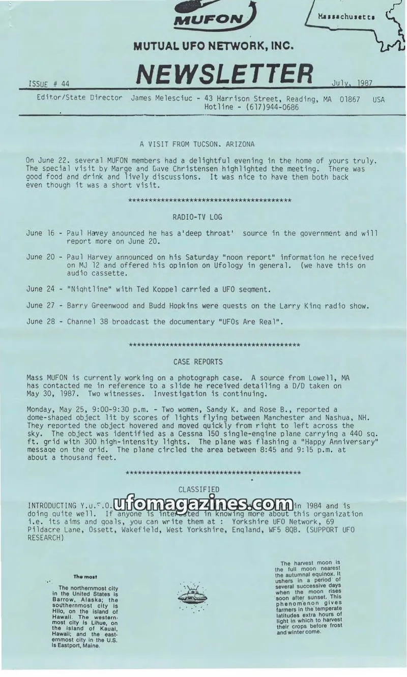 Cover of MUTUAL UFO NETWORK, INC. issue 44: MUFON NEWSLETTER