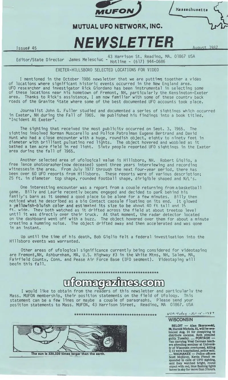 Cover of MUTUAL UFO NETWORK, INC. issue 45: MUFON NEWSLETTER