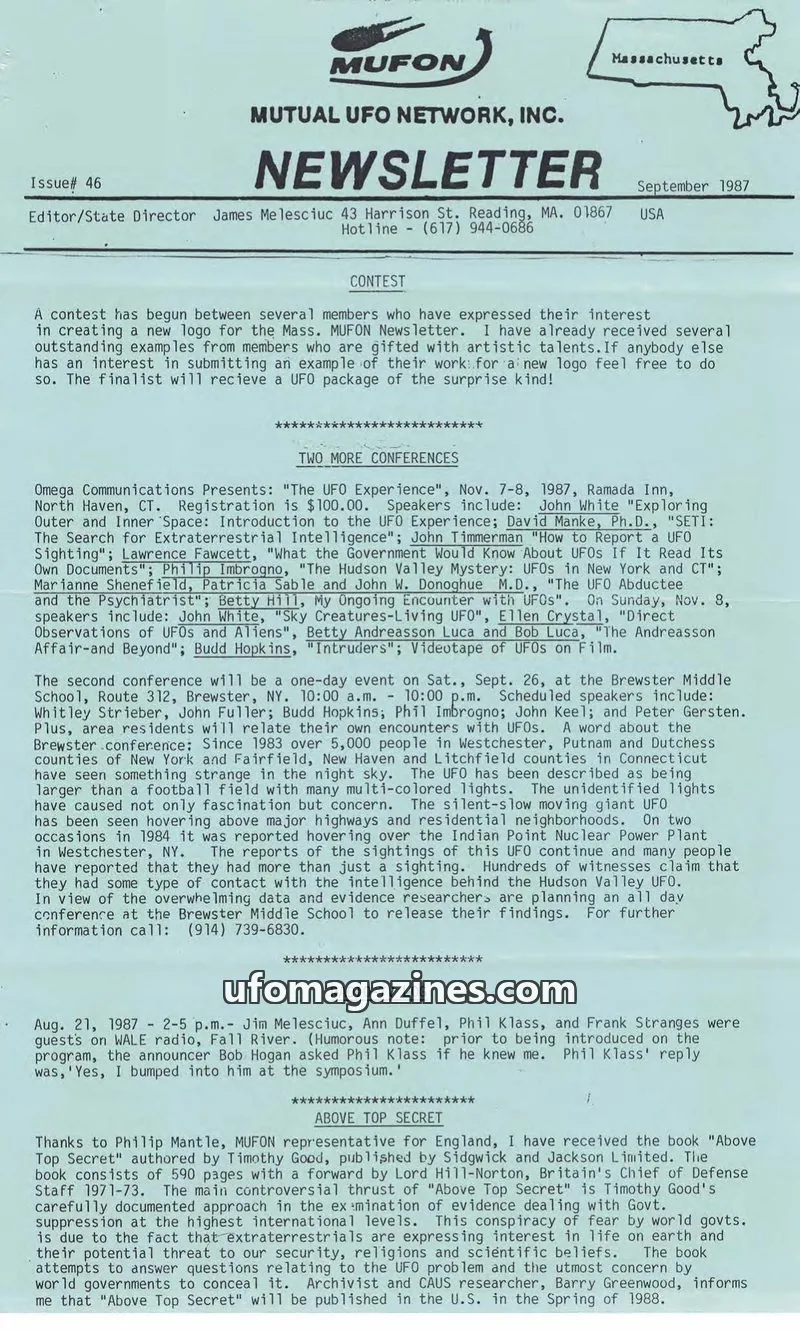 Cover of MUTUAL UFO NETWORK, INC. issue 46: MUFON NEWSLETTER