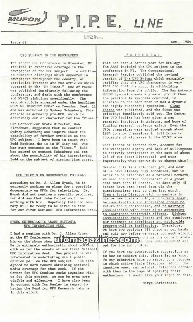 Cover of MUFON issue #2: MUFON P.I.P.E. Line