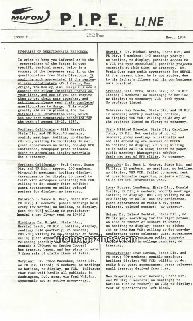Cover of MUFON issue # 3: P.I.P.E. LINE