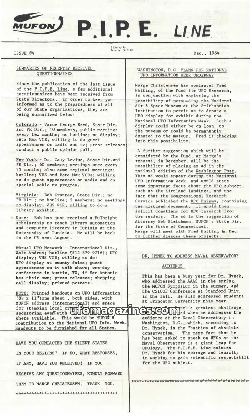 Cover of MUFON issue #4: P.I.P.E. LINE