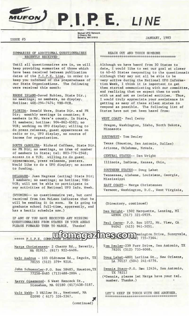 Cover of Mutual UFO Network issue #5: P.I.P.E. LINE