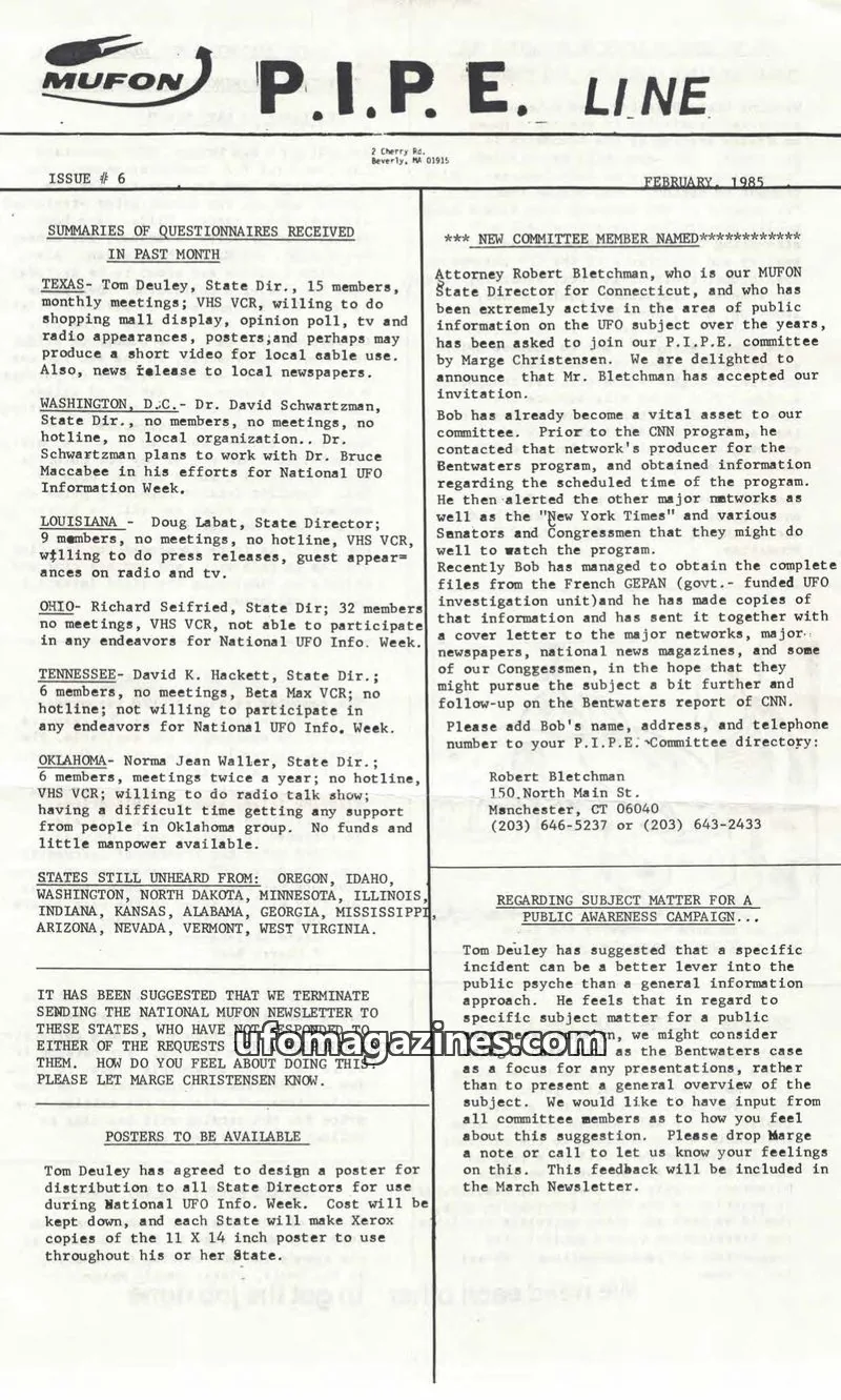 Cover of MUFON issue # 6: MUFON P.I.P.E. LINE