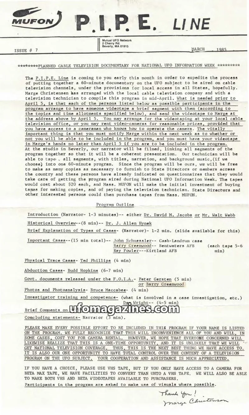 Cover of Mutual UFO Network issue # 7: P.I.P.E. LINE