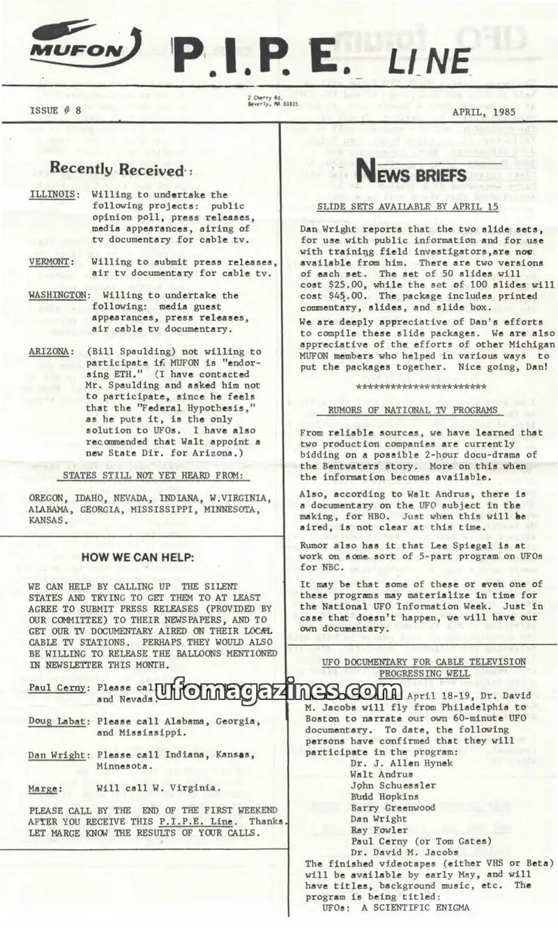 Cover of MUFON issue # 8: P.I.P.E. Line