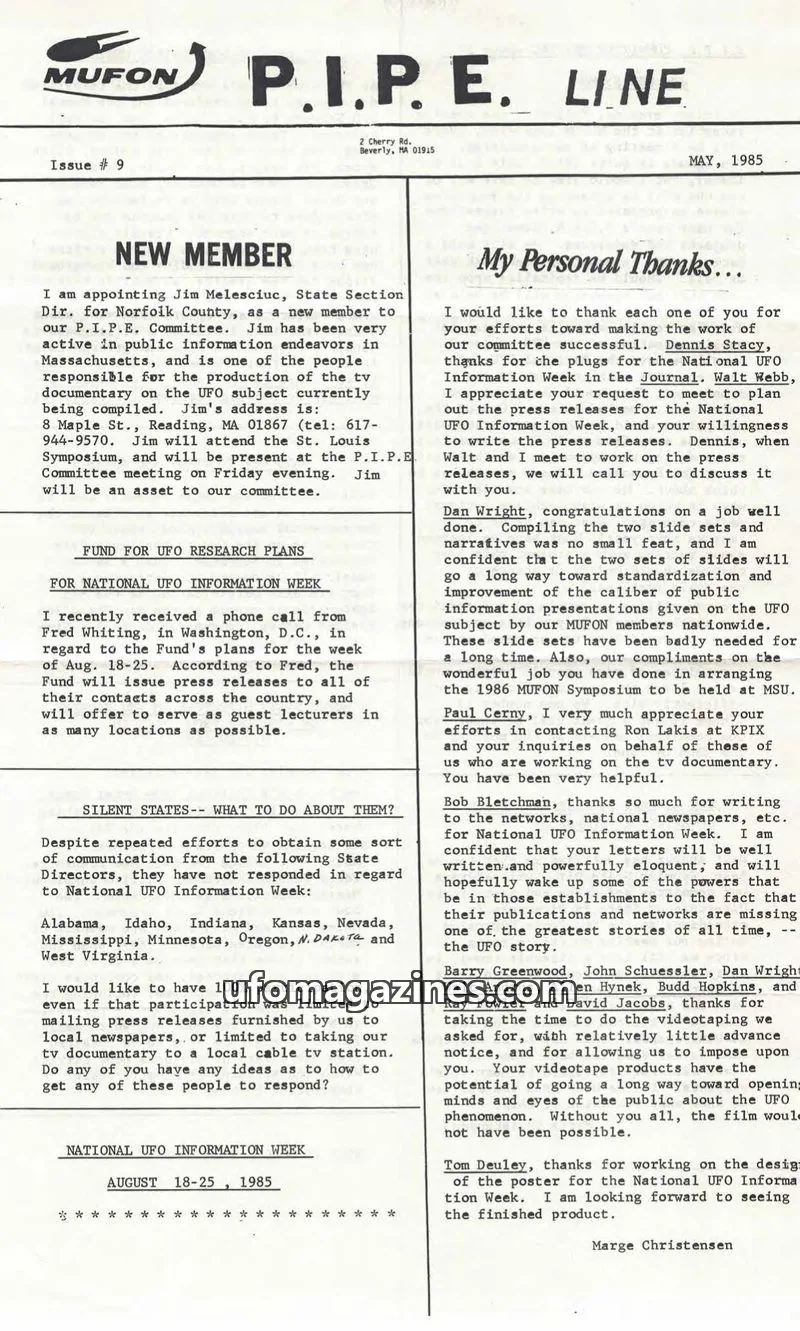 Cover of MUFON issue #9: MUFON P.I.P.E. LINE