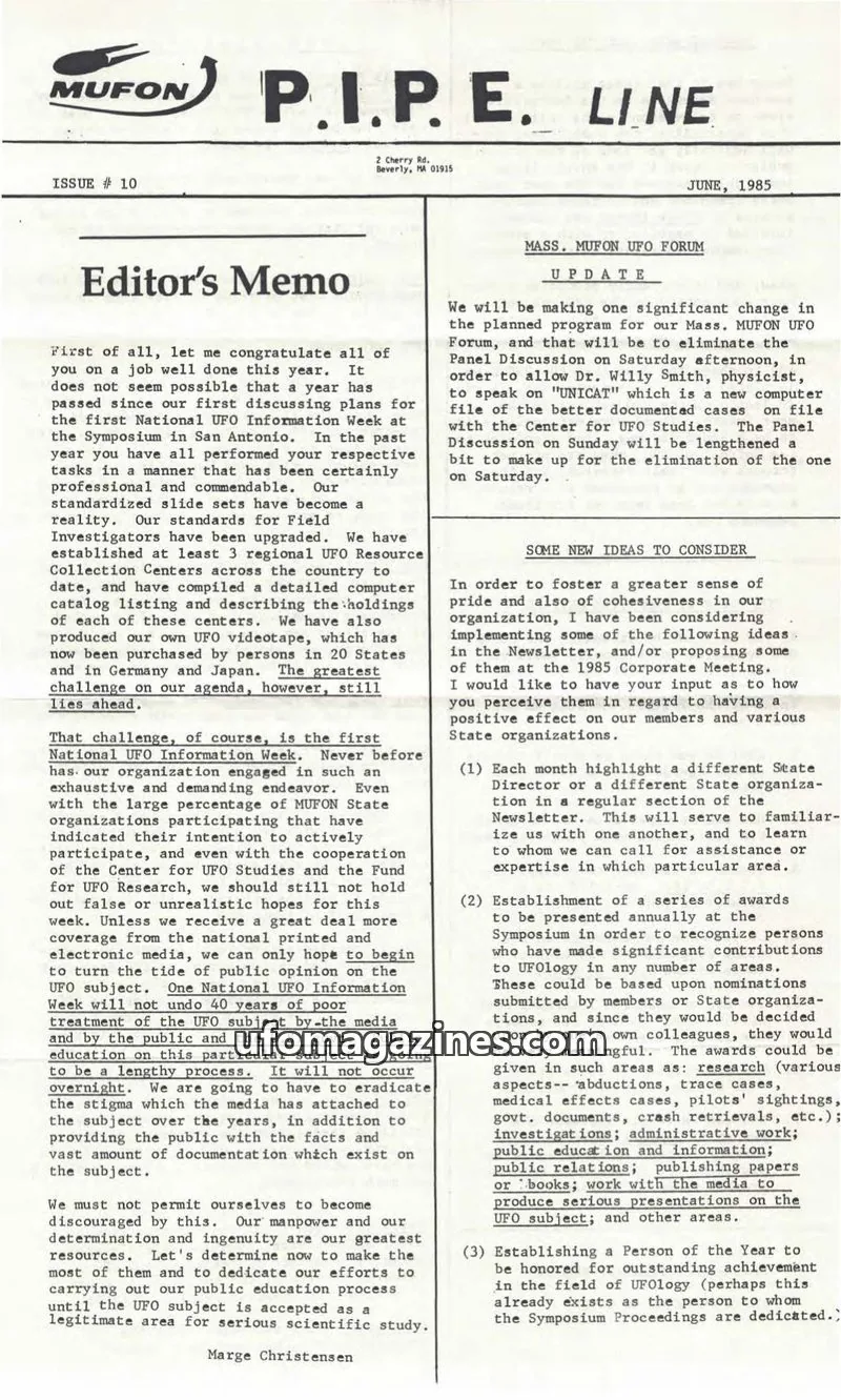 Cover of MUFON issue # 10: MUFON P.I.P.E. LINE