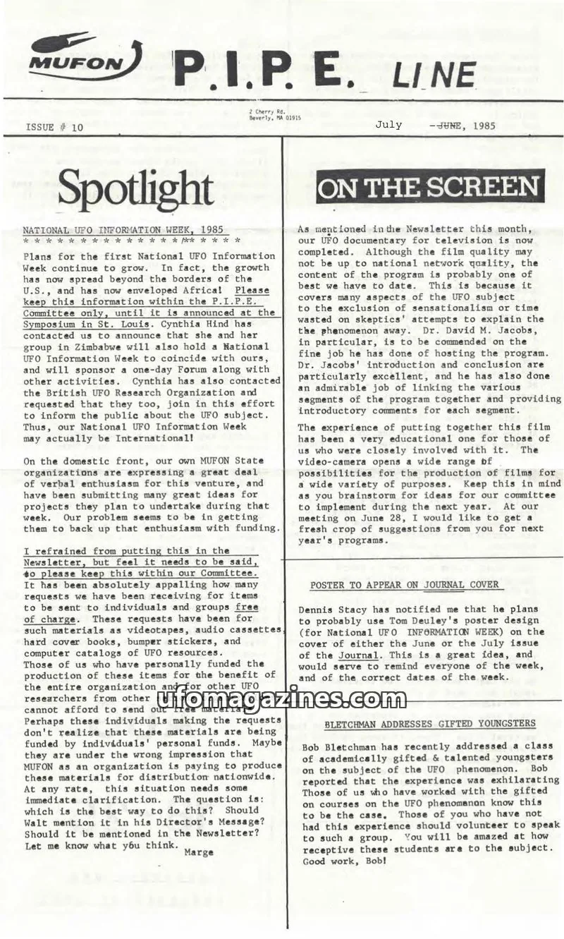 Cover of MUFON issue 10: P.I.P.E. LINE