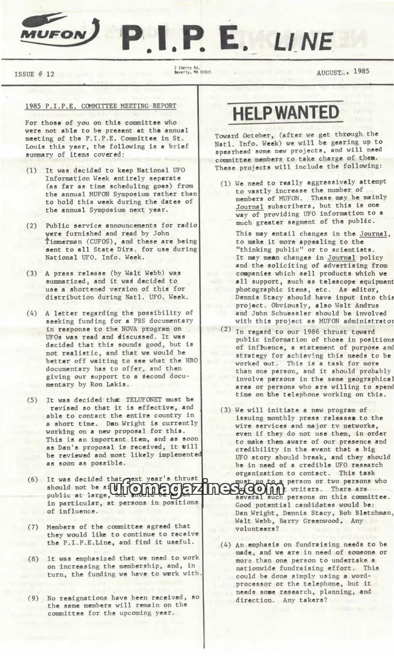 Cover of MUFON issue 12: MUFON P.I.P.E. LINE