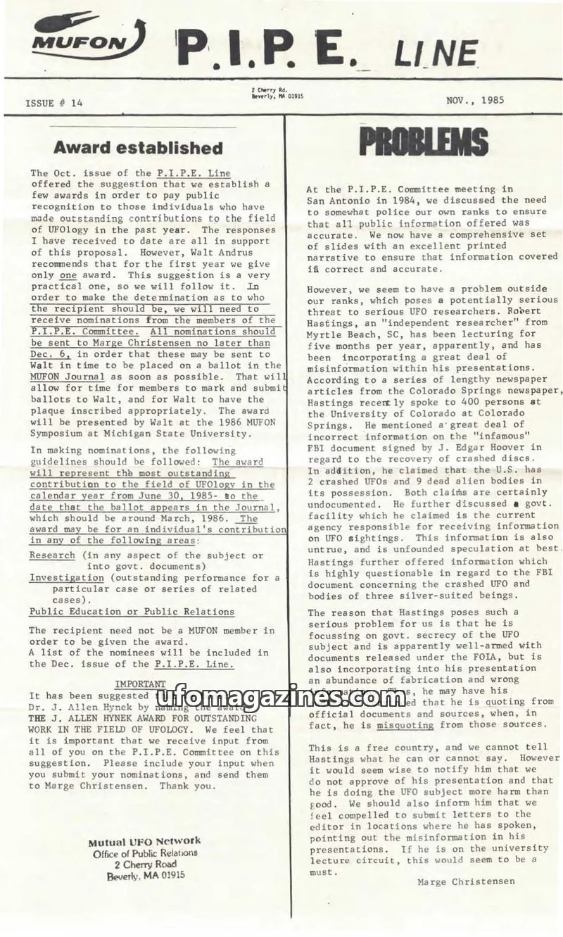 Cover of Mutual UFO Network issue 14: P.I.P.E. LINE