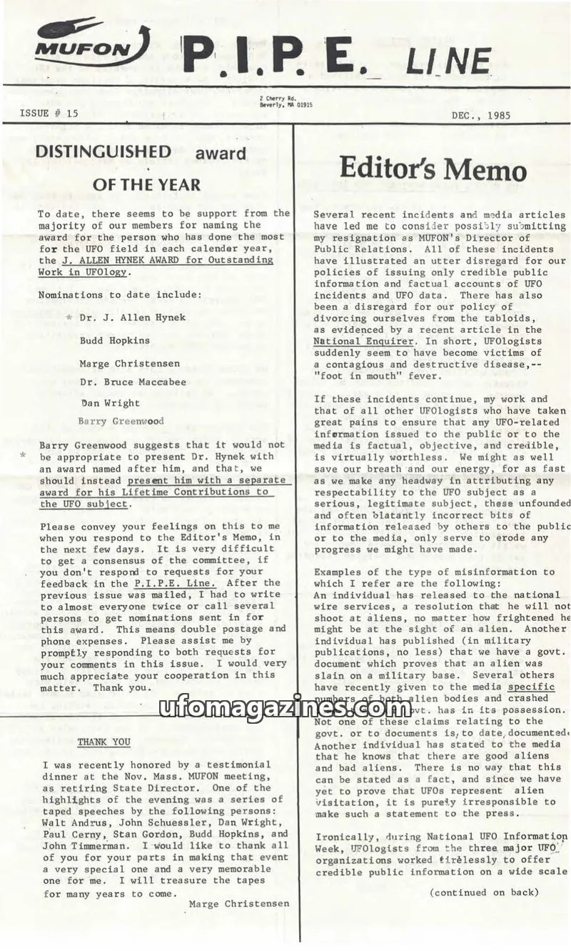 Cover of MUFON issue ISSUE # 15: MUFON P.I.P.E. LINE