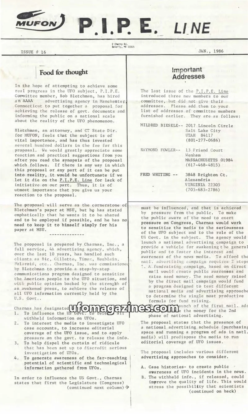 Cover of MUFON issue 16: MUFON P.I.P.E. LINE