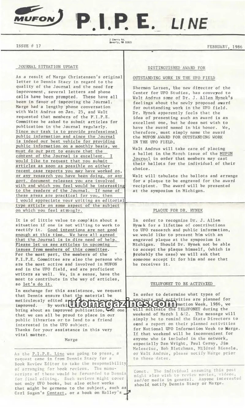 Cover of MUFON issue 17: P.I.P.E. LINE