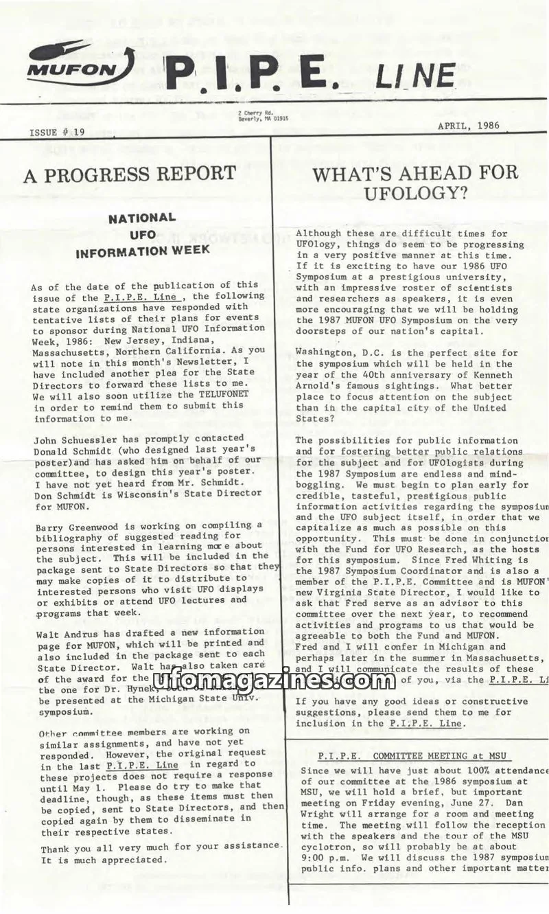 Cover of MUFON issue # 19: P.I.P.E. LINE