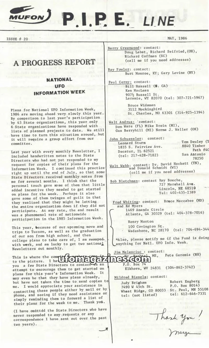 Cover of MUFON issue 20: MUFON P.I.PE. LINE