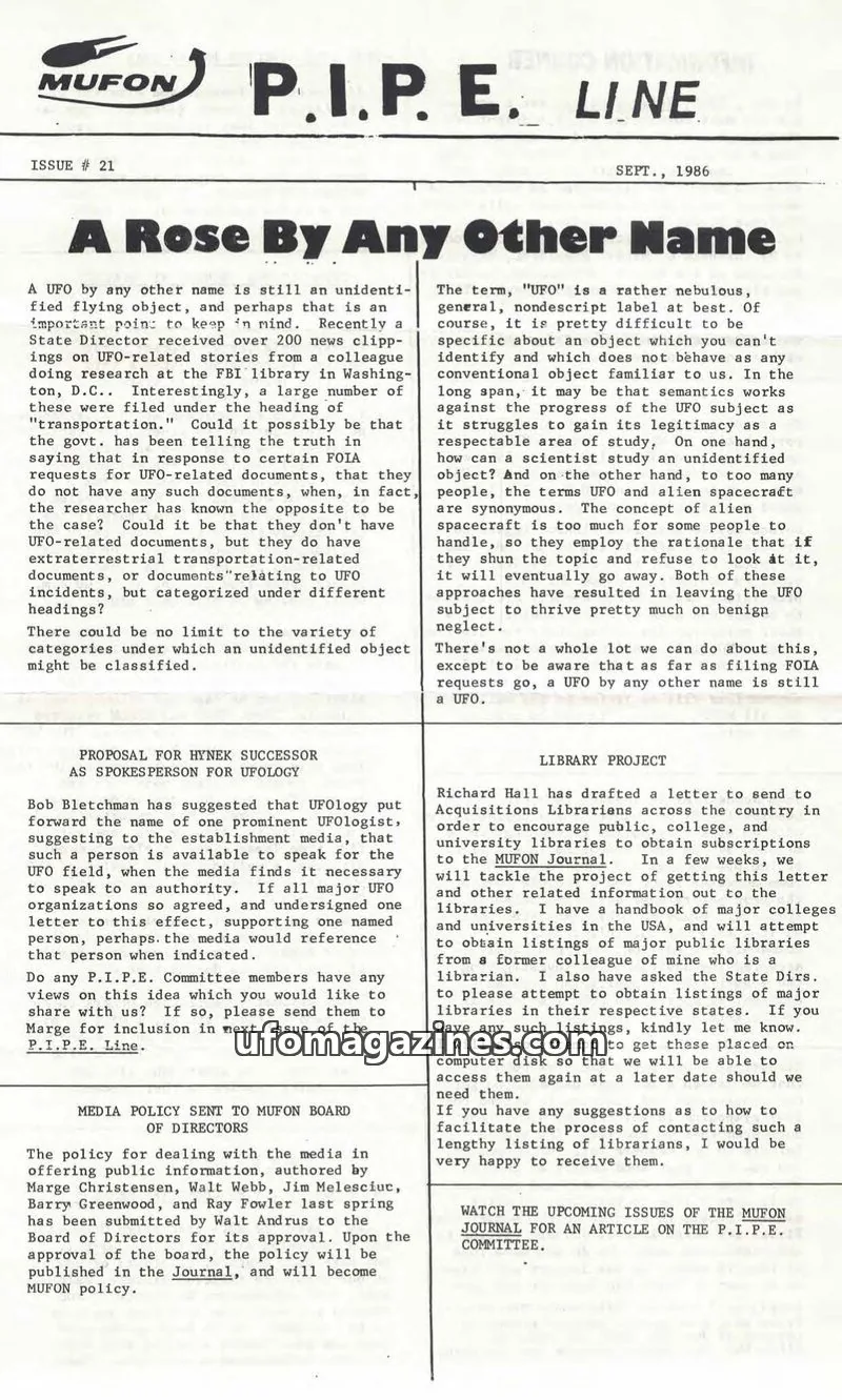 Cover of MUFON issue 21: P.I.P.E. LINE
