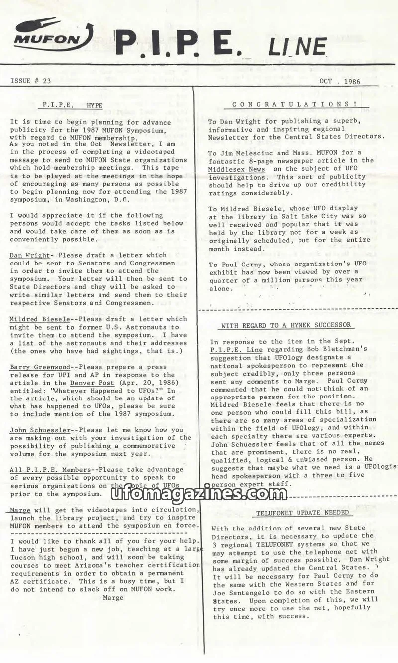 Cover of MUFON issue 23: P.I.P.E. LINE