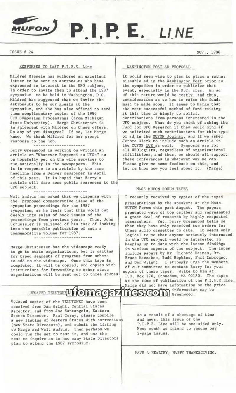 Cover of MUFON issue 24: P.I.P.E. Line