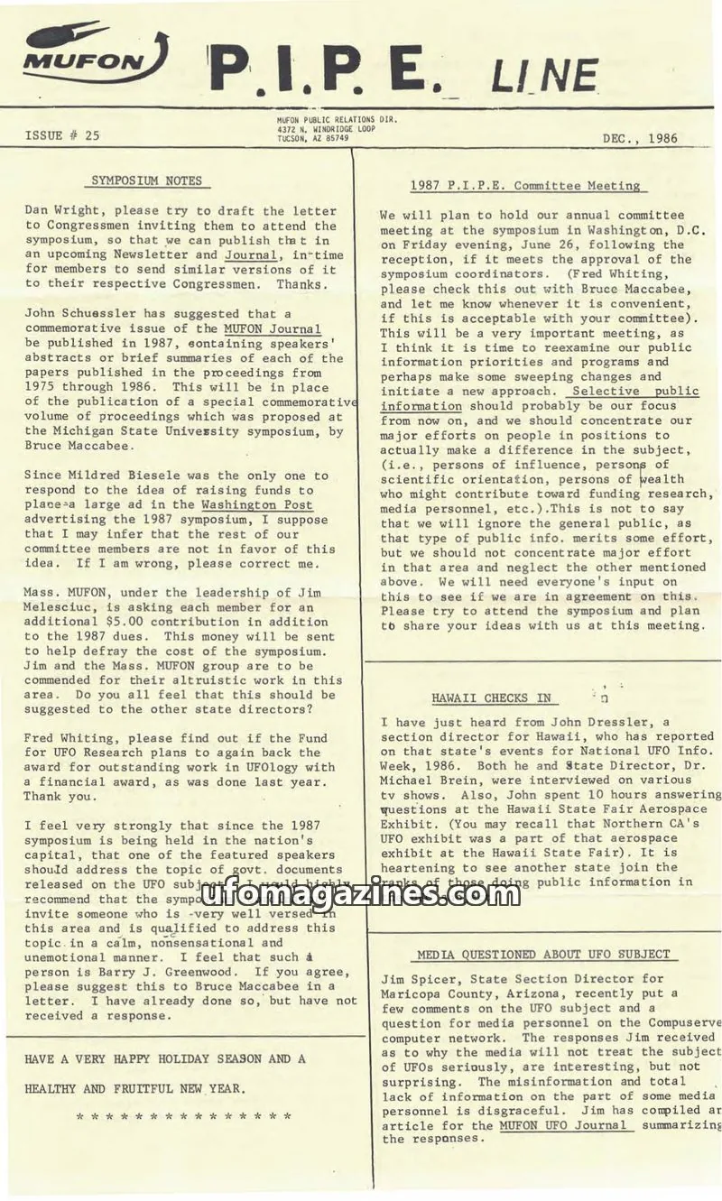 Cover of MUFON Massachusetts (PIPEline) issue # 25: MUFON P.I.P.E. LINE
