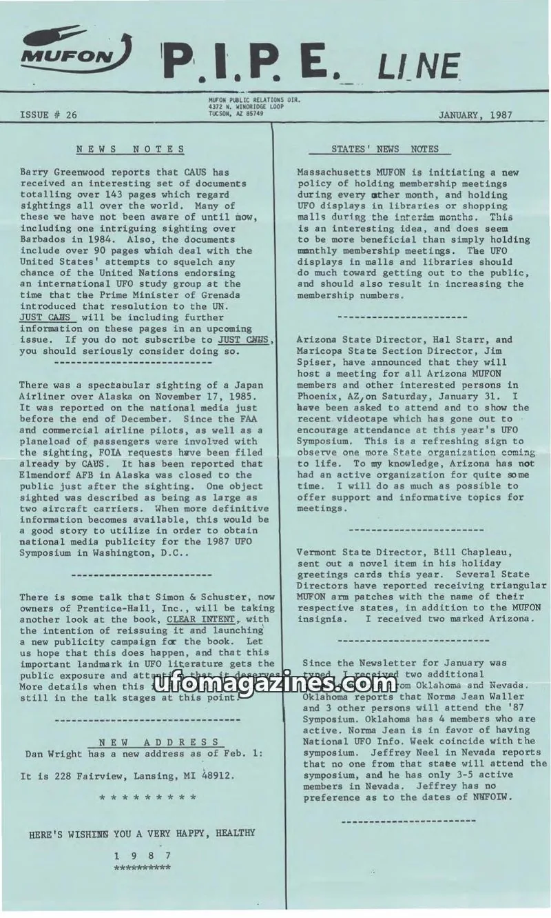 Cover of MUFON Massachusetts (PIPEline) issue # 26: MUFON P.I.P.E. LINE