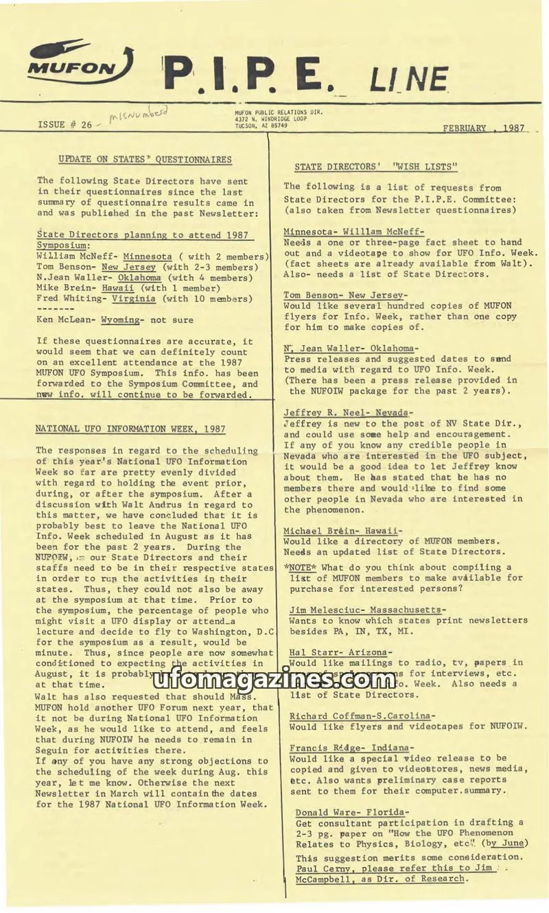 Cover of MUFON Massachusetts (PIPEline) issue # 26: P.I.P.E. LINE