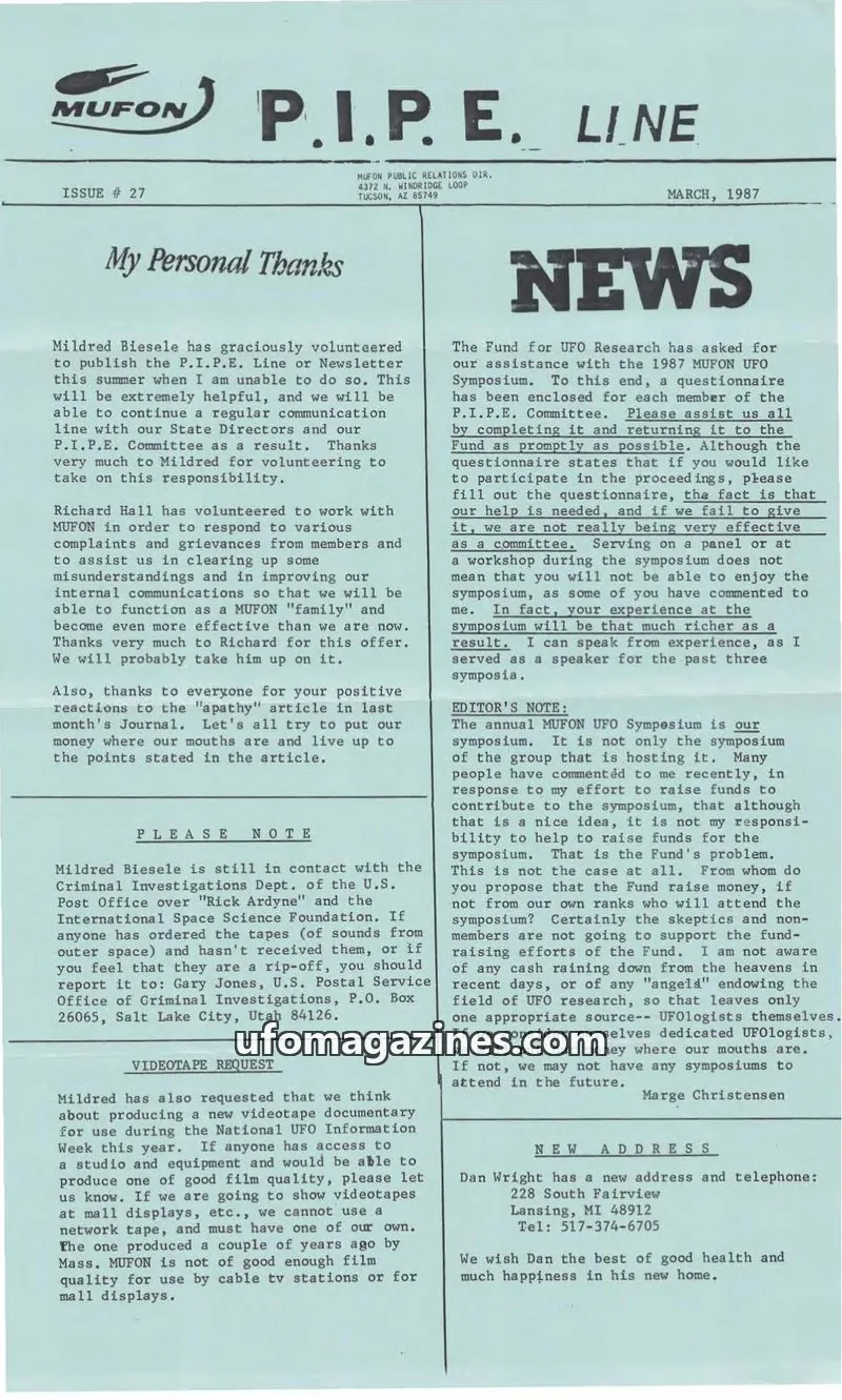 Cover of MUFON Massachusetts (PIPEline) issue 27: P.I.P.E. LINE
