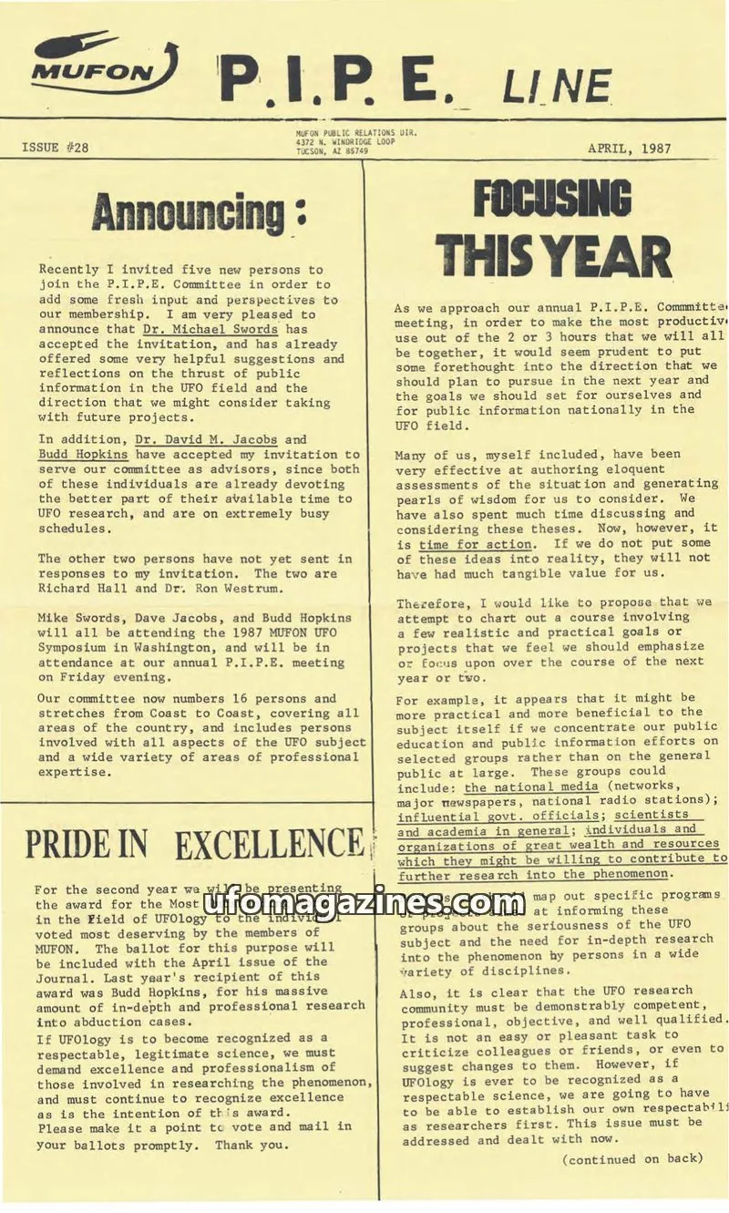Cover of MUFON Massachusetts (PIPEline) issue #28: P.I.P.E. LINE