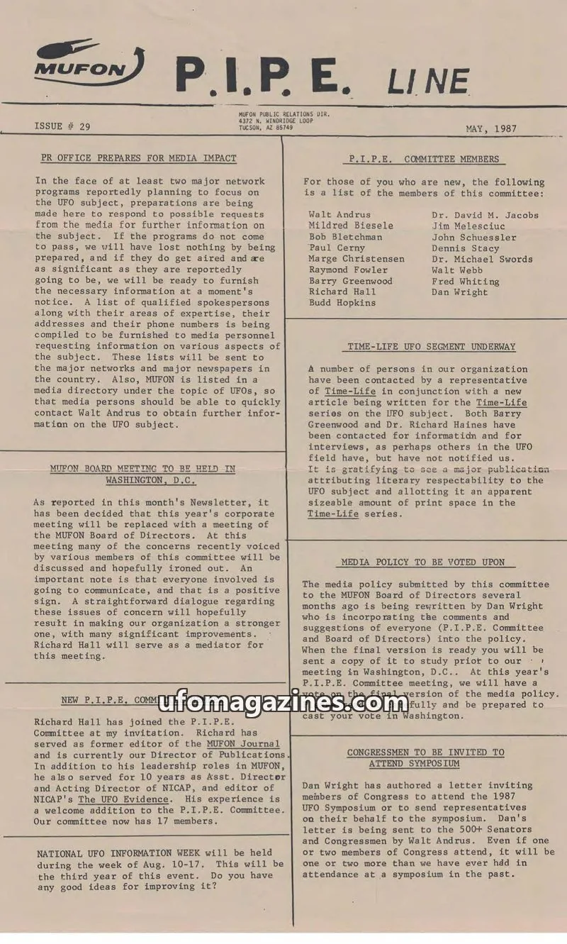 Cover of MUFON Massachusetts (PIPEline) issue 29: MUFON P.I.P.E. LINE