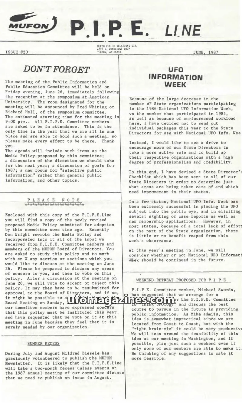 Cover of MUFON Massachusetts (PIPEline) issue #20: P.I.P.E. LINE