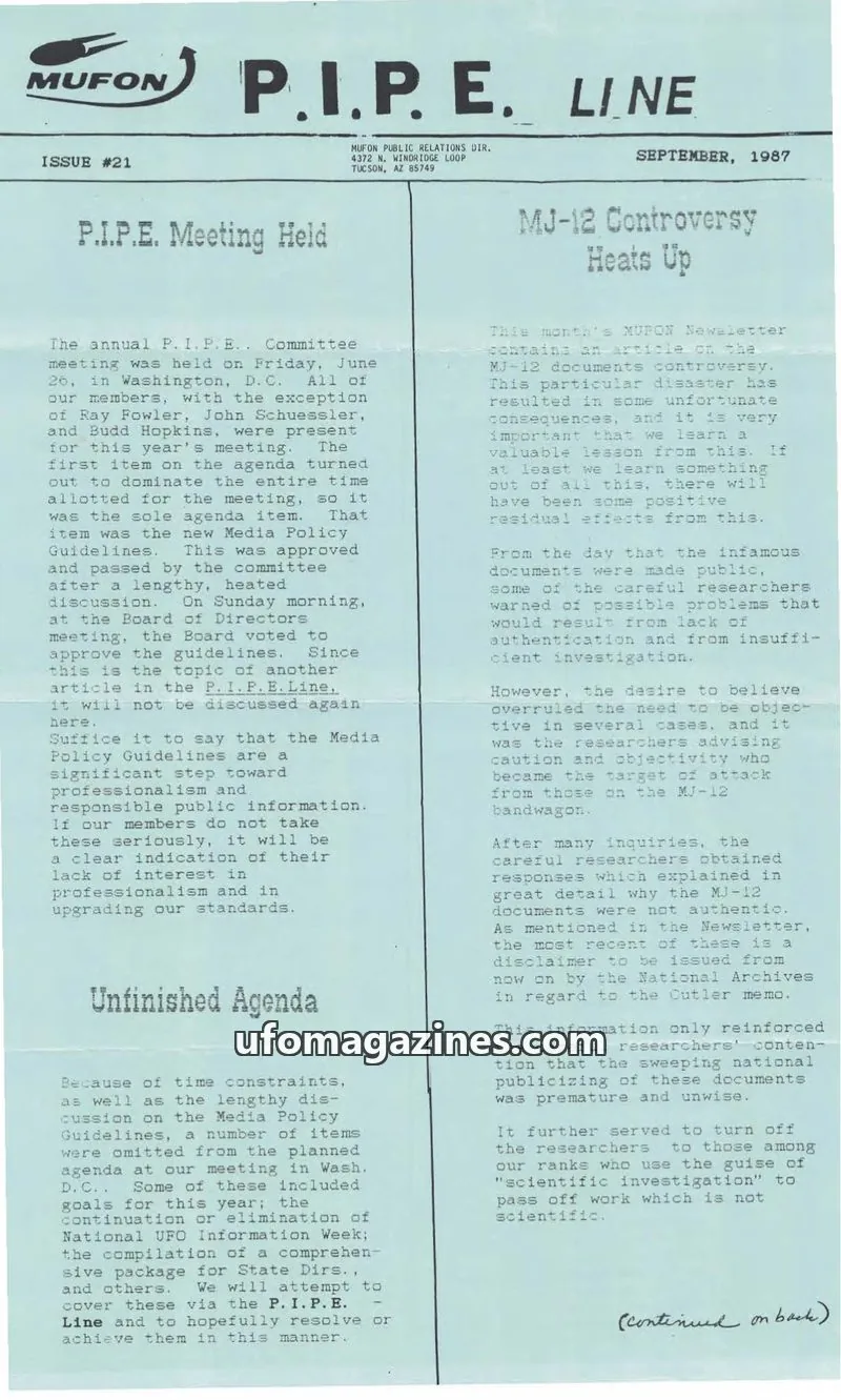 Cover of MUFON Massachusetts (PIPEline) issue #21: P.I.P.E. LINE