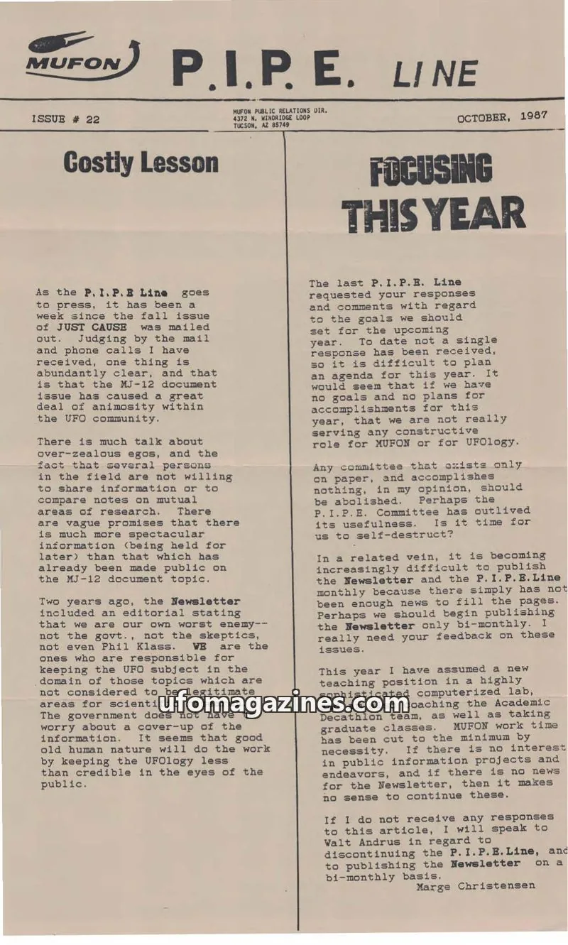 Cover of MUFON Massachusetts (PIPEline) issue 22: P.I.P.E. LINE