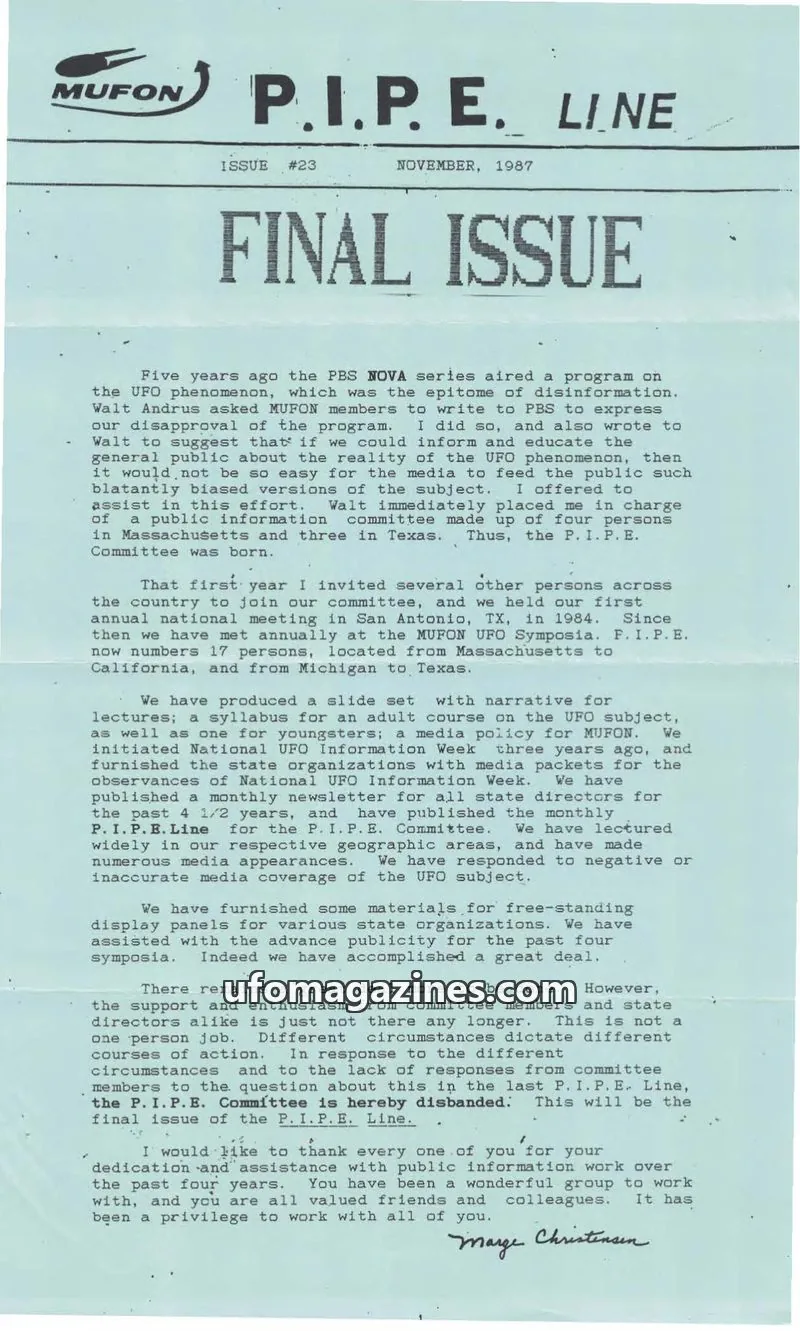 Cover of MUFON issue 23: P.I.P.E. LINE