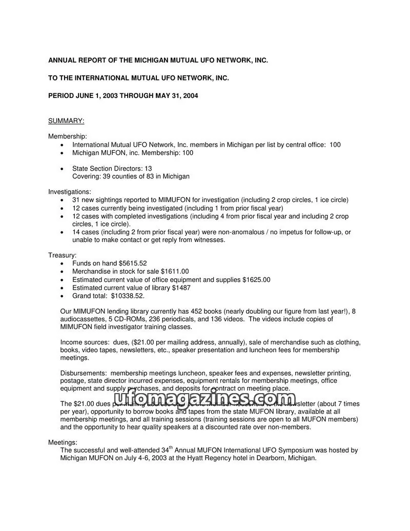 Cover of MICHIGAN MUTUAL UFO NETWORK, INC. issue 2003-2004: ANNUAL REPORT OF THE MICHIGAN MUTUAL UFO NETWORK, INC.