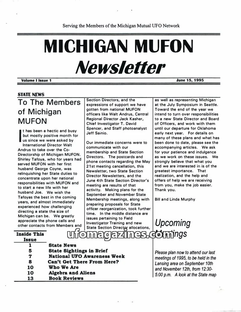 Cover of Michigan Mutual UFO Network issue Volume 1 Issue 1: MICHIGAN MUFON Newsletter