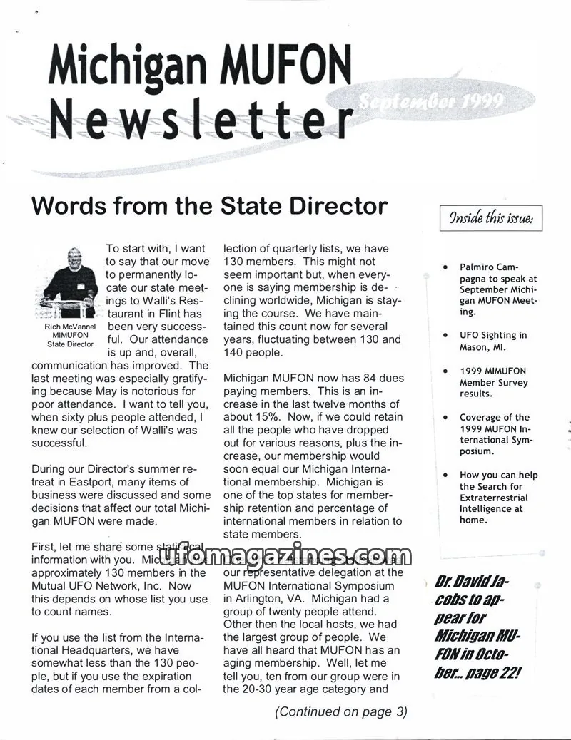 Cover of MUFON Michigan (Newsletter) issue September 1999: Michigan MUFON Newsletter