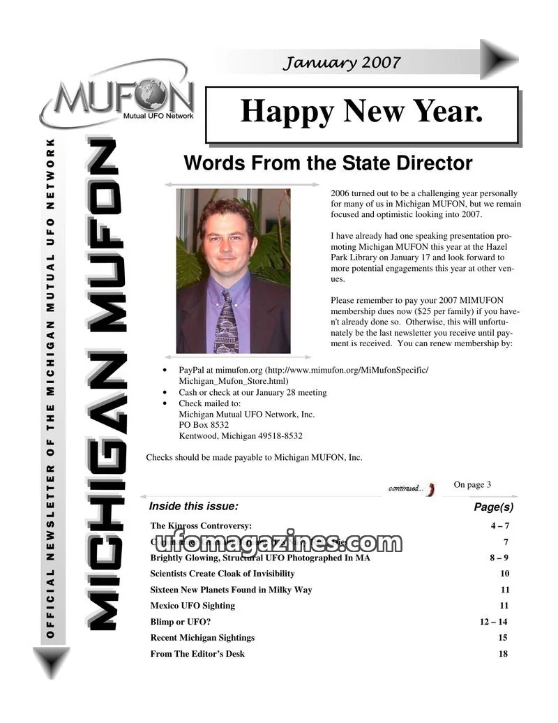 Cover of Michigan Mutual UFO Network, Inc. issue January 2007: MICHIGAN MUFON NEWSLETTER