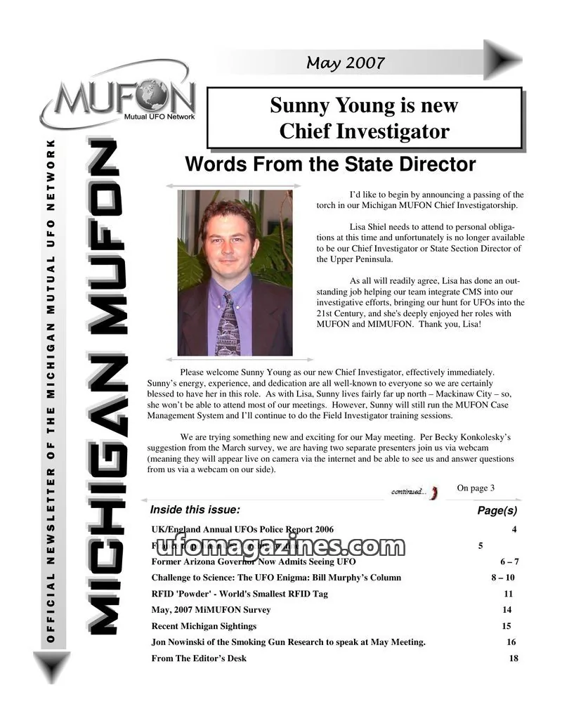 Cover of MUFON Michigan (Newsletter) issue May 2007: MICHIGAN MUFON NEWSLETTER