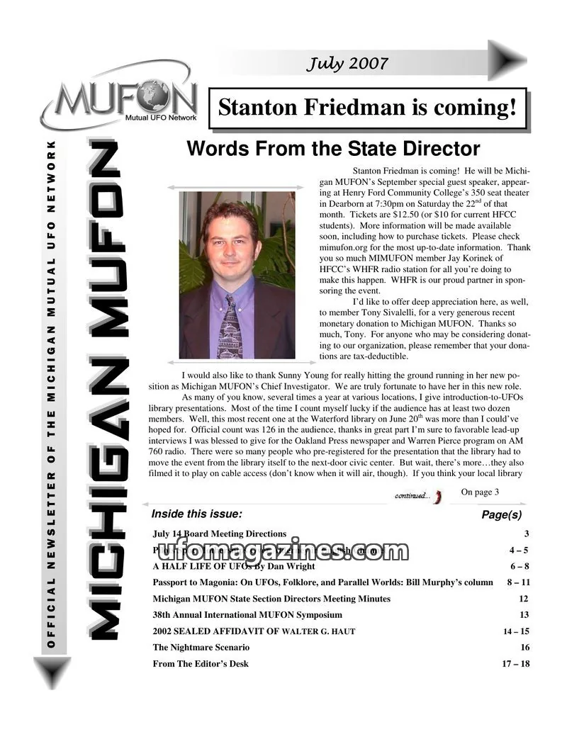 Cover of MUFON Michigan (Newsletter) issue July 2007: MICHIGAN MUFON