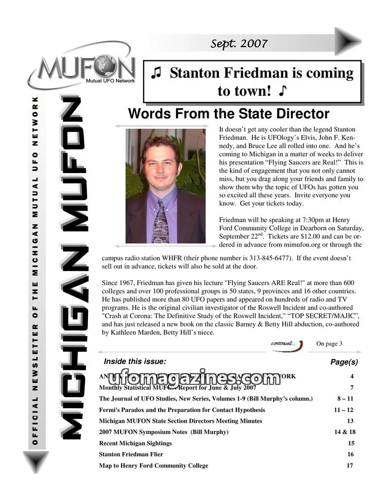 Cover of MUFON Michigan (Newsletter) issue September 2007: MICHIGAN MUFON NEWSLETTER